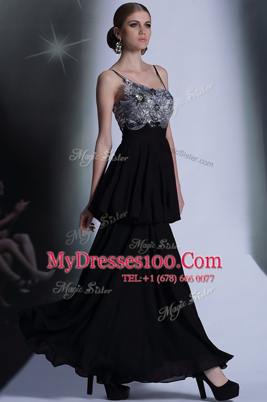 Decent Black Chiffon Side Zipper Evening Wear Sleeveless Floor Length Embroidery and Sequins and Hand Made Flower