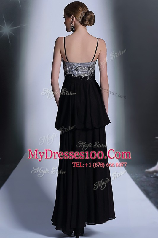 Decent Black Chiffon Side Zipper Evening Wear Sleeveless Floor Length Embroidery and Sequins and Hand Made Flower