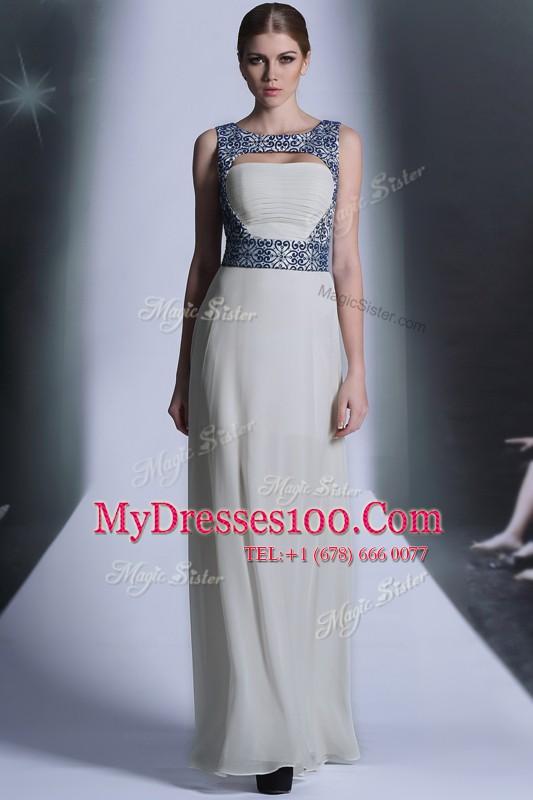 Exquisite White Chiffon Zipper Prom Party Dress Sleeveless Floor Length Embroidery