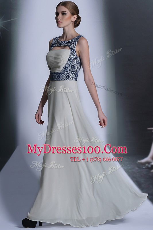 Exquisite White Chiffon Zipper Prom Party Dress Sleeveless Floor Length Embroidery