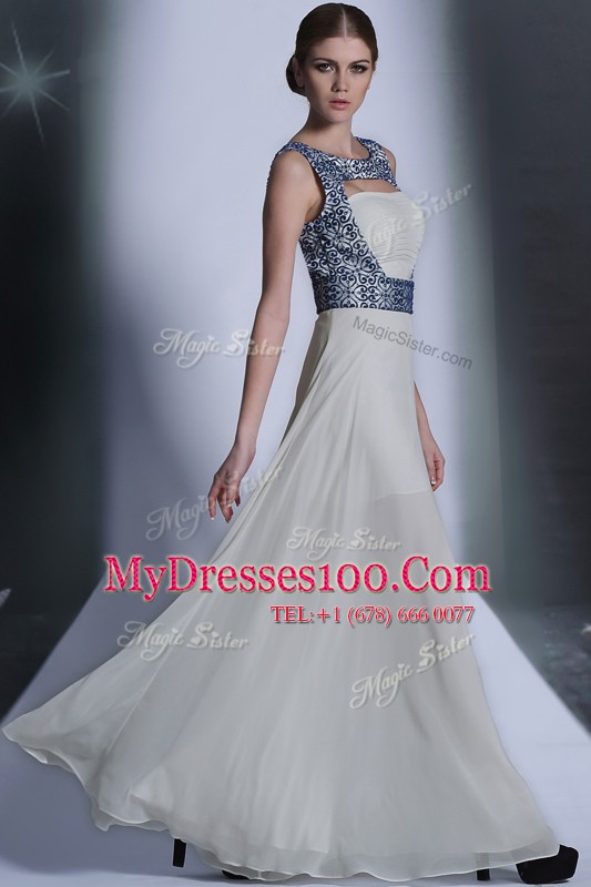 Exquisite White Chiffon Zipper Prom Party Dress Sleeveless Floor Length Embroidery
