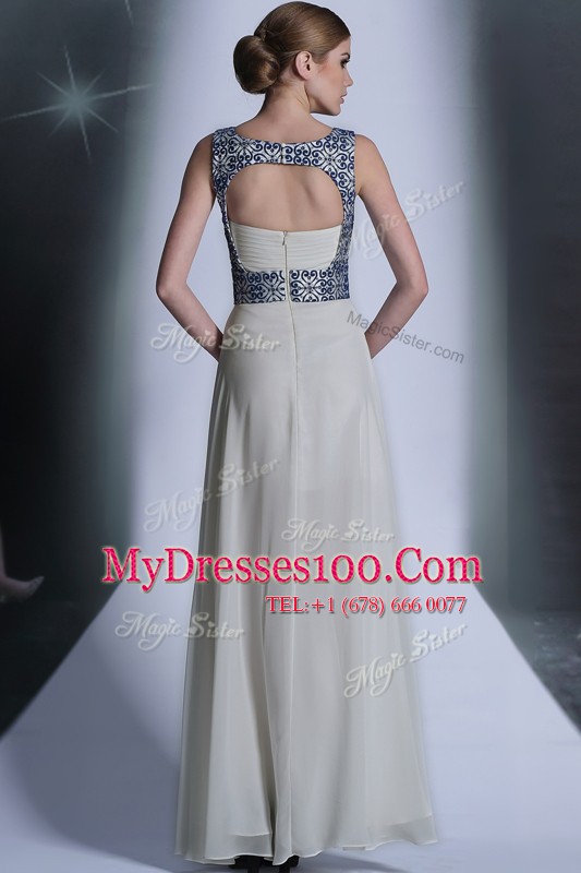 Exquisite White Chiffon Zipper Prom Party Dress Sleeveless Floor Length Embroidery