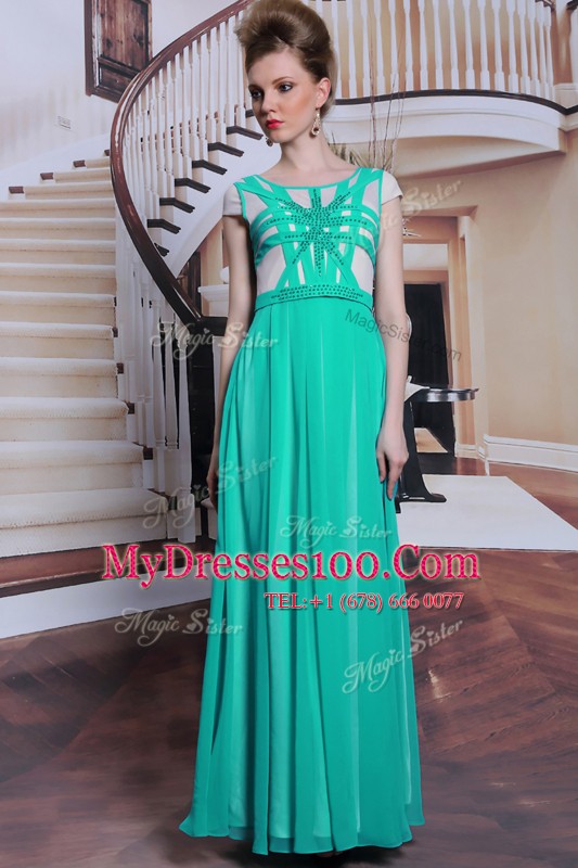 Super Scoop Cap Sleeves Floor Length Beading Side Zipper Prom Gown with Turquoise