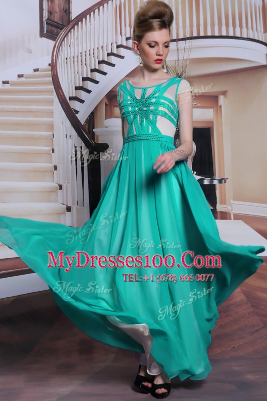 Super Scoop Cap Sleeves Floor Length Beading Side Zipper Prom Gown with Turquoise