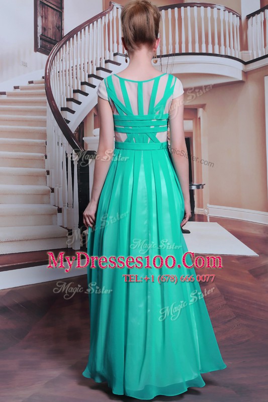 Super Scoop Cap Sleeves Floor Length Beading Side Zipper Prom Gown with Turquoise
