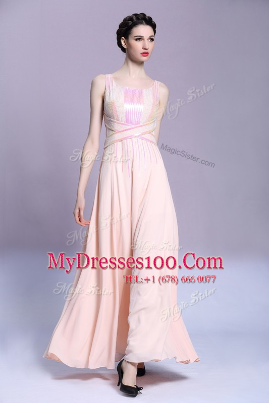 Floor Length Empire Sleeveless Peach Prom Party Dress Criss Cross