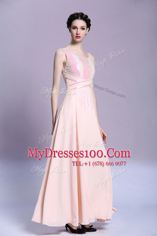 Floor Length Empire Sleeveless Peach Prom Party Dress Criss Cross