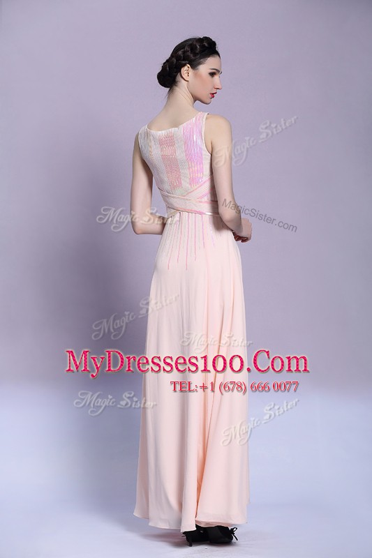 Floor Length Empire Sleeveless Peach Prom Party Dress Criss Cross