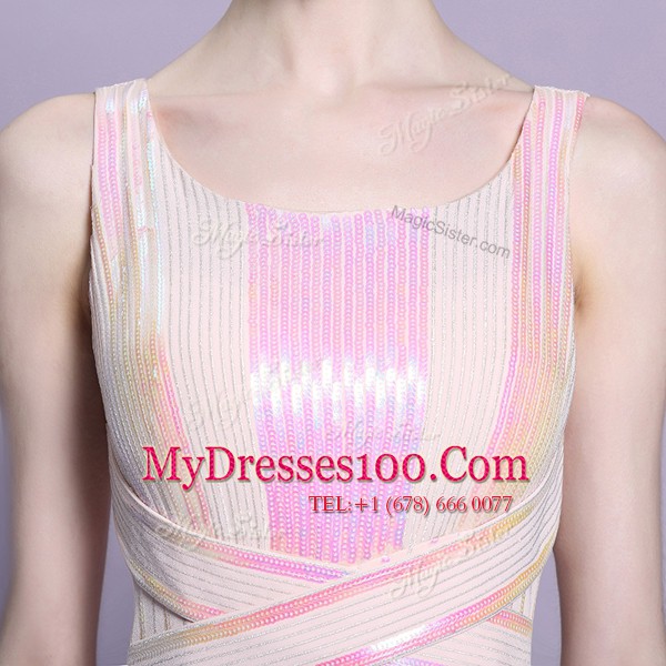 Floor Length Empire Sleeveless Peach Prom Party Dress Criss Cross