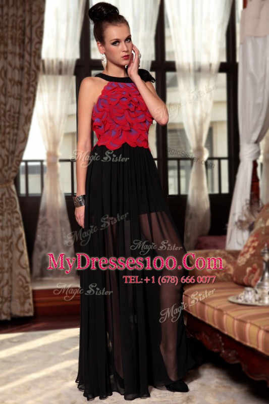 Red And Black Column/Sheath Scoop Sleeveless Chiffon Floor Length Side Zipper Ruching and Hand Made Flower