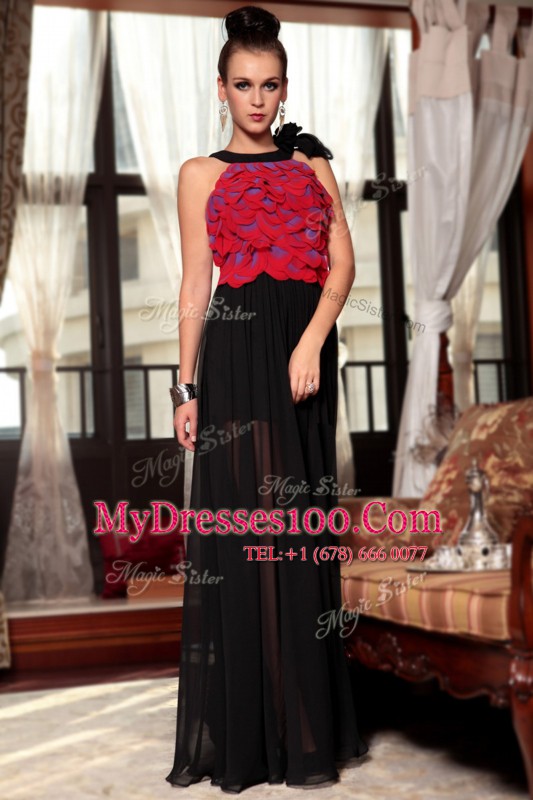 Red And Black Column/Sheath Scoop Sleeveless Chiffon Floor Length Side Zipper Ruching and Hand Made Flower