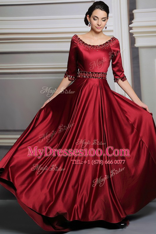 Red Prom Gown Bateau Half Sleeves Brush Train Zipper