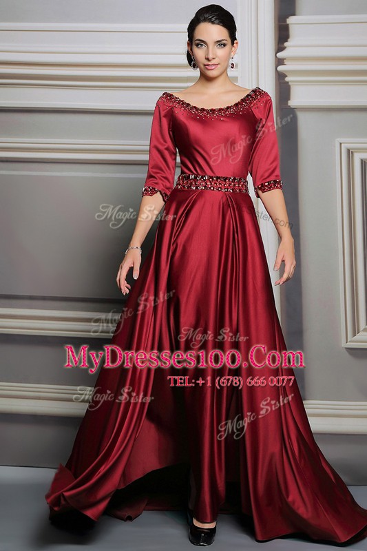 Red Prom Gown Bateau Half Sleeves Brush Train Zipper