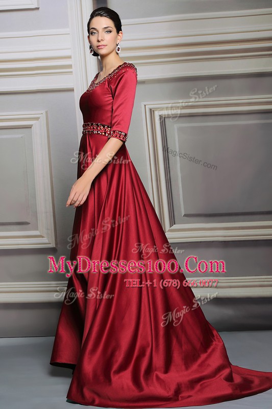 Red Prom Gown Bateau Half Sleeves Brush Train Zipper