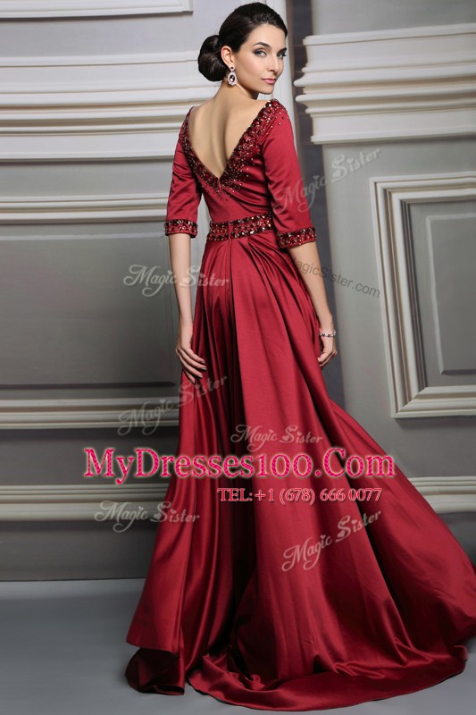 Red Prom Gown Bateau Half Sleeves Brush Train Zipper