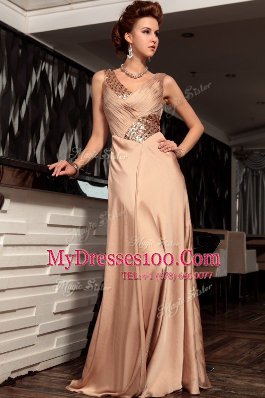 Brown Satin Backless V-neck Sleeveless Floor Length Mother Of The Bride Dress Beading and Ruching