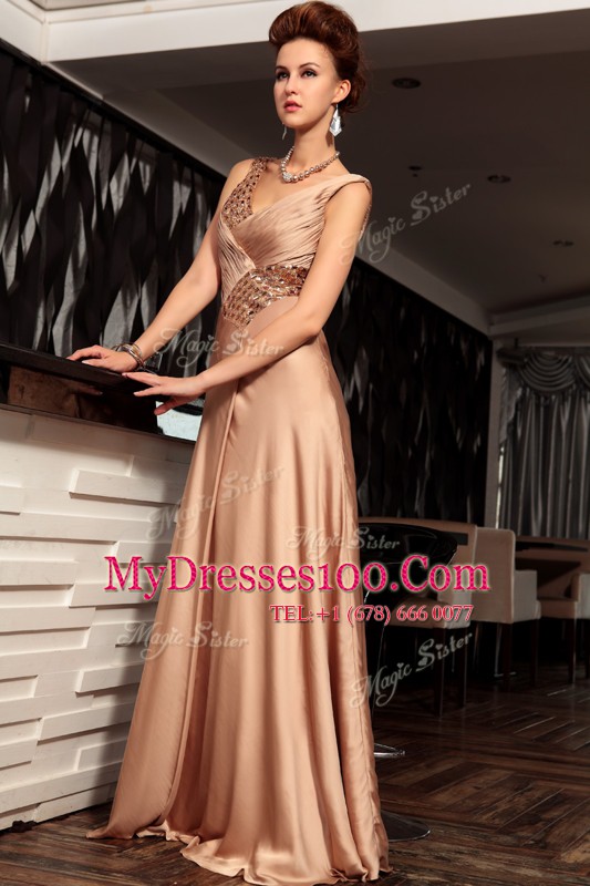 Brown Satin Backless V-neck Sleeveless Floor Length Mother Of The Bride Dress Beading and Ruching