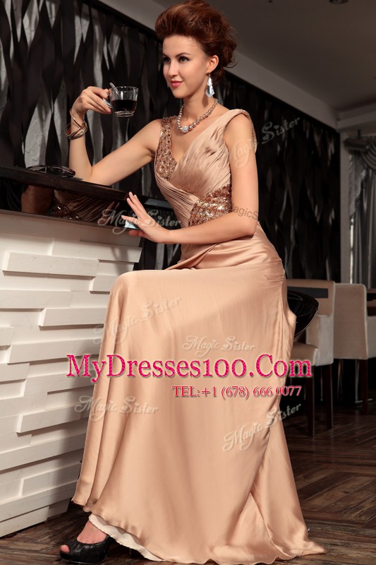 Brown Satin Backless V-neck Sleeveless Floor Length Mother Of The Bride Dress Beading and Ruching