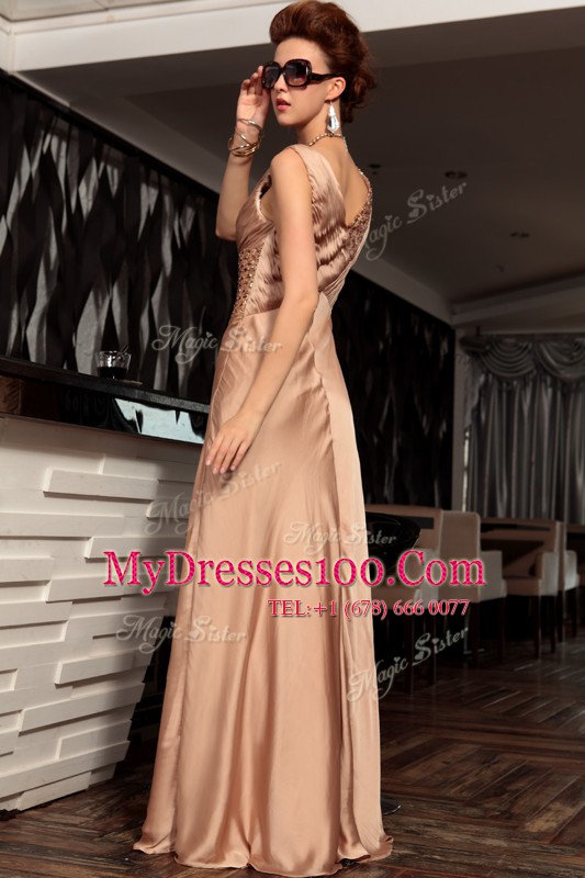 Brown Satin Backless V-neck Sleeveless Floor Length Mother Of The Bride Dress Beading and Ruching