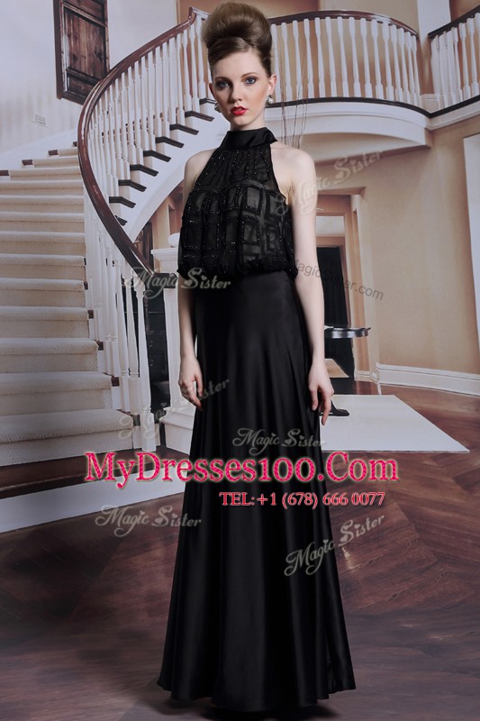 Clearance Satin High-neck Sleeveless Zipper Beading Evening Dress in Black