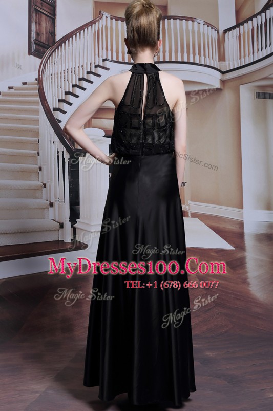 Clearance Satin High-neck Sleeveless Zipper Beading Evening Dress in Black