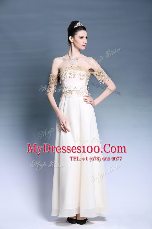 White Empire Satin Off The Shoulder Short Sleeves Appliques Floor Length Zipper Prom Dresses