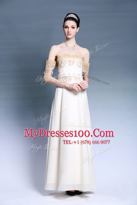 White Empire Satin Off The Shoulder Short Sleeves Appliques Floor Length Zipper Prom Dresses
