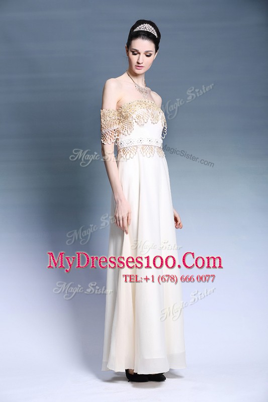 White Empire Satin Off The Shoulder Short Sleeves Appliques Floor Length Zipper Prom Dresses