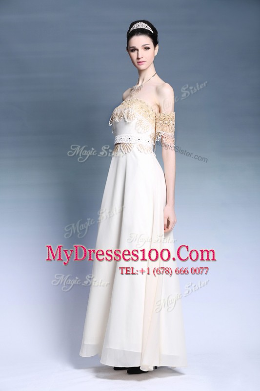 White Empire Satin Off The Shoulder Short Sleeves Appliques Floor Length Zipper Prom Dresses
