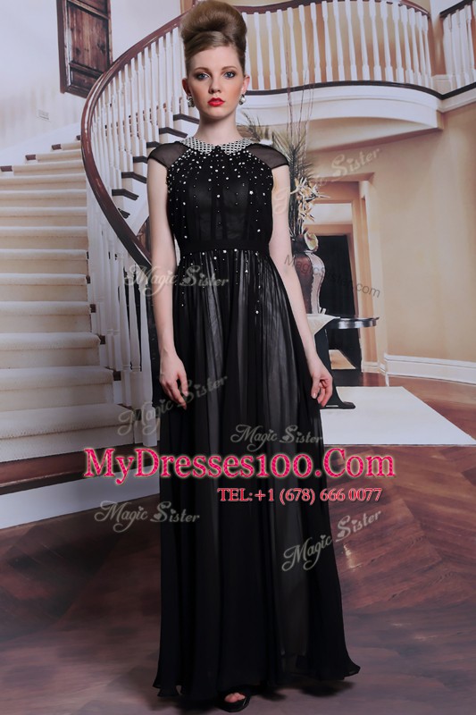 High End Black Prom Dress Prom and Party and For with Beading and Appliques Scoop Sleeveless Zipper