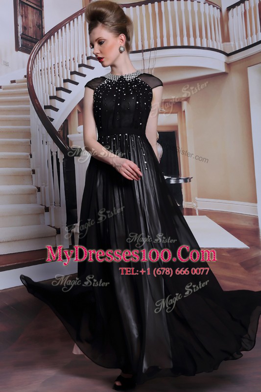 High End Black Prom Dress Prom and Party and For with Beading and Appliques Scoop Sleeveless Zipper