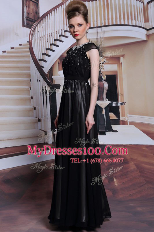 High End Black Prom Dress Prom and Party and For with Beading and Appliques Scoop Sleeveless Zipper