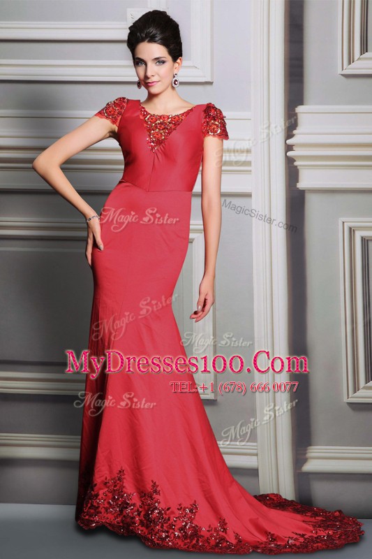 Scoop Red Short Sleeves Satin Court Train Clasp Handle Mother Of The Bride Dress for Prom and Party