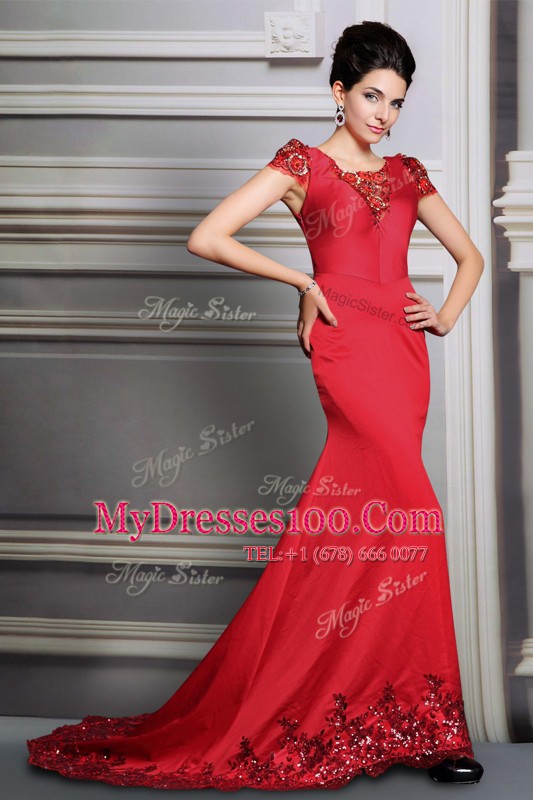 Scoop Red Short Sleeves Satin Court Train Clasp Handle Mother Of The Bride Dress for Prom and Party