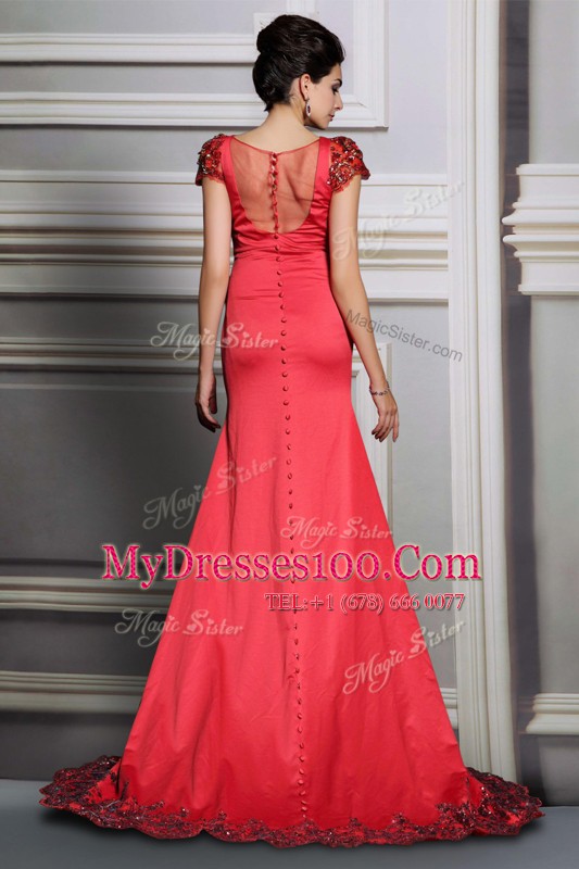 Scoop Red Short Sleeves Satin Court Train Clasp Handle Mother Of The Bride Dress for Prom and Party