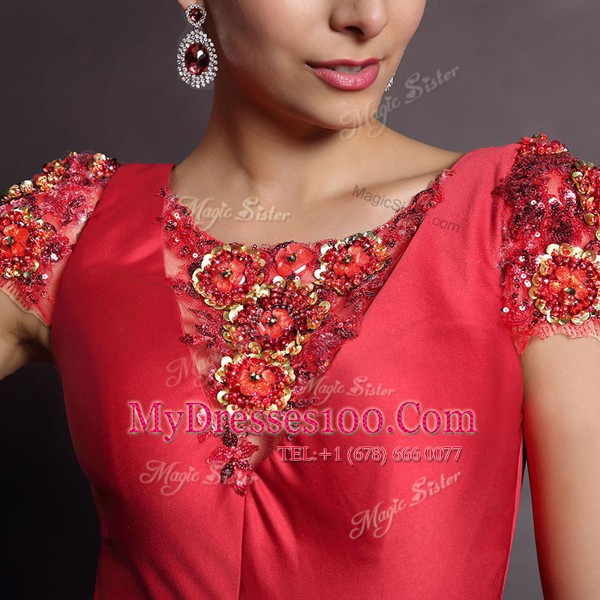 Scoop Red Short Sleeves Satin Court Train Clasp Handle Mother Of The Bride Dress for Prom and Party