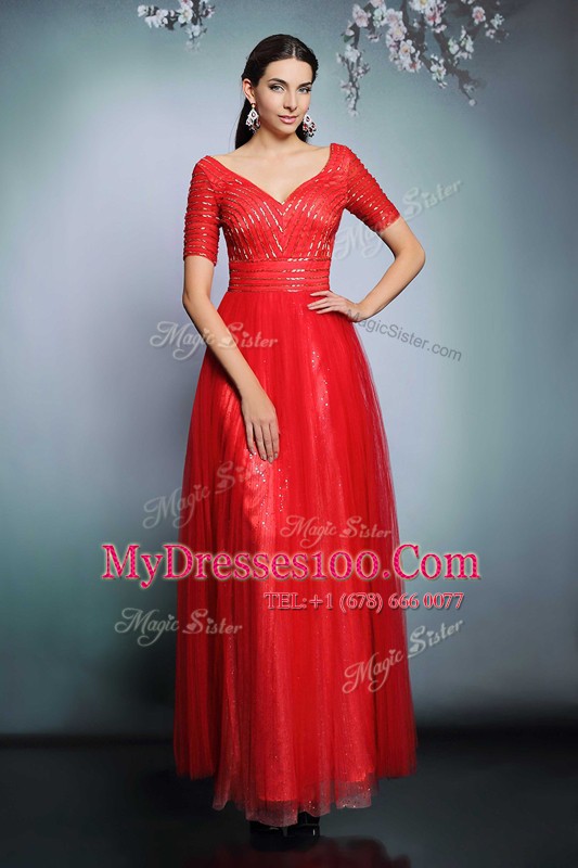 Red Empire V-neck Short Sleeves Chiffon Floor Length Zipper Sequins Mother Of The Bride Dress