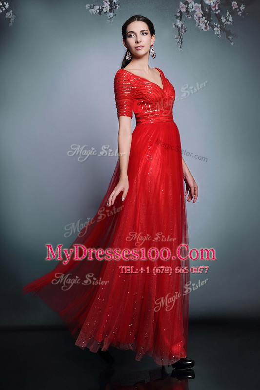 Red Empire V-neck Short Sleeves Chiffon Floor Length Zipper Sequins Mother Of The Bride Dress
