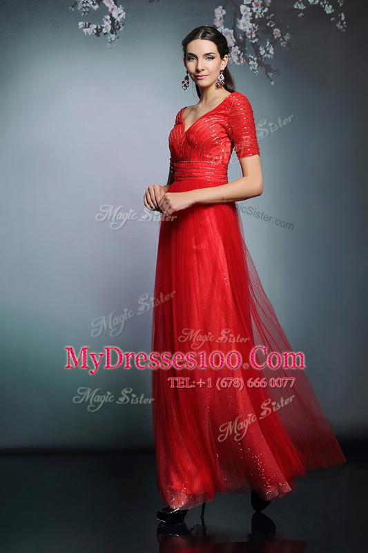 Red Empire V-neck Short Sleeves Chiffon Floor Length Zipper Sequins Mother Of The Bride Dress