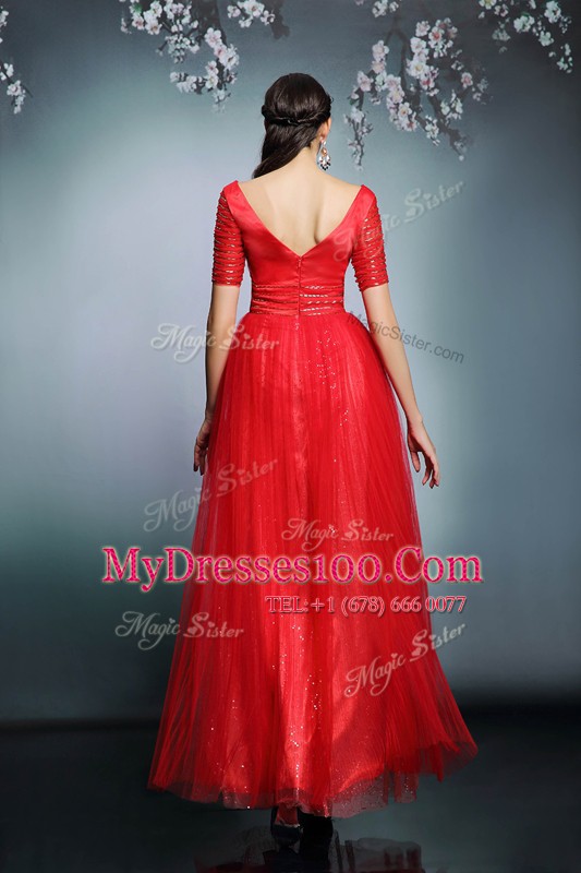 Red Empire V-neck Short Sleeves Chiffon Floor Length Zipper Sequins Mother Of The Bride Dress
