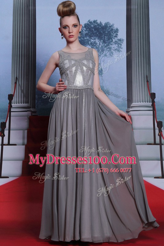 Fitting Chiffon Scoop Sleeveless Side Zipper Beading Homecoming Dress in Grey
