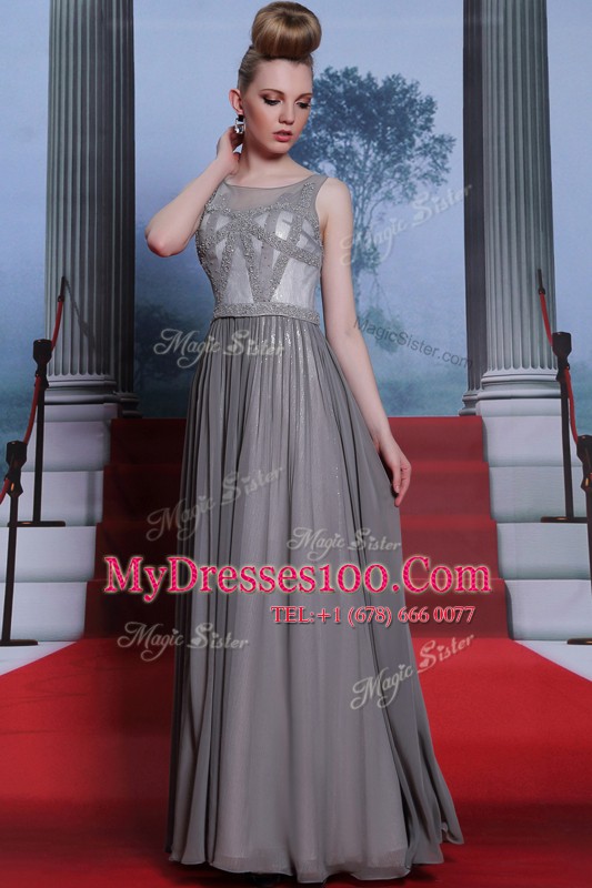 Fitting Chiffon Scoop Sleeveless Side Zipper Beading Homecoming Dress in Grey