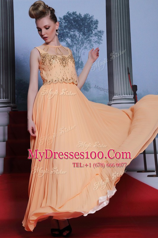 Custom Design Orange Chiffon Side Zipper High-neck Sleeveless Floor Length Prom Dress Beading and Appliques
