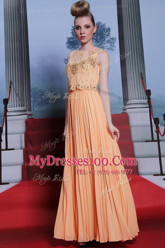 Custom Design Orange Chiffon Side Zipper High-neck Sleeveless Floor Length Prom Dress Beading and Appliques