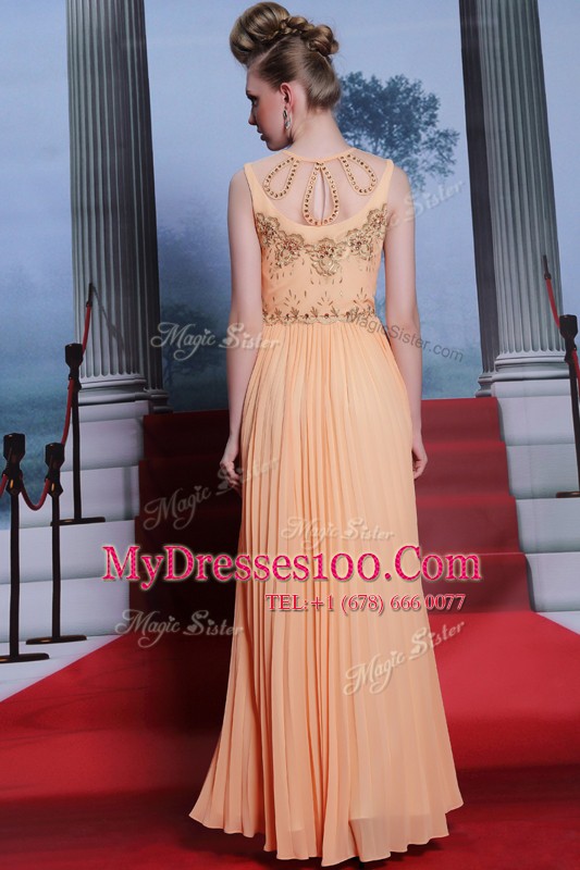 Custom Design Orange Chiffon Side Zipper High-neck Sleeveless Floor Length Prom Dress Beading and Appliques