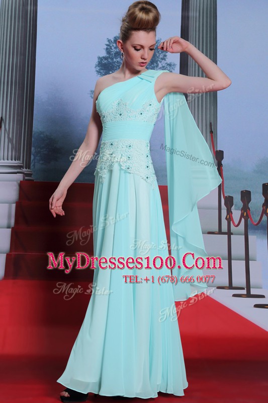 Turquoise Side Zipper One Shoulder Lace and Ruching Chiffon Sleeveless