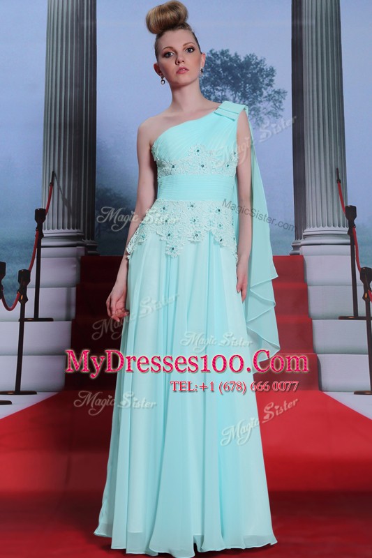 Turquoise Side Zipper One Shoulder Lace and Ruching Chiffon Sleeveless