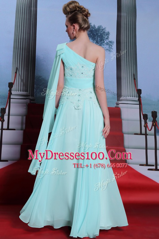 Turquoise Side Zipper One Shoulder Lace and Ruching Chiffon Sleeveless