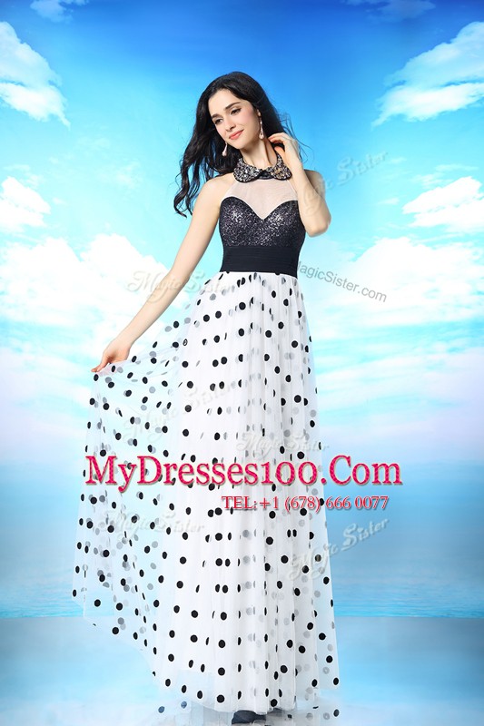 Designer Halter Top Sequins White And Black Sleeveless Chiffon Side Zipper for Prom and Party