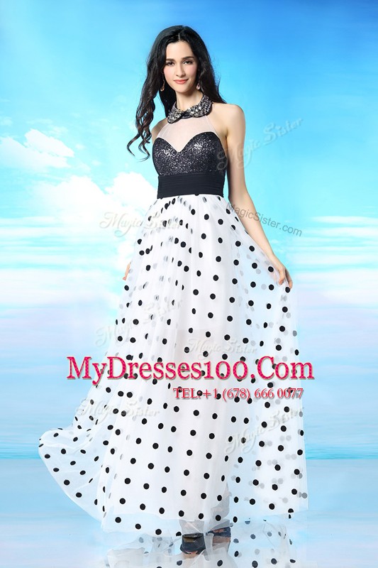 Designer Halter Top Sequins White And Black Sleeveless Chiffon Side Zipper for Prom and Party